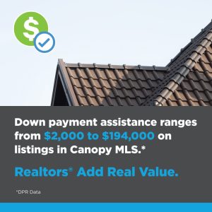 Down payment assistance ranges from $2,000 to $194,000 on listings in Canopy MLS.
